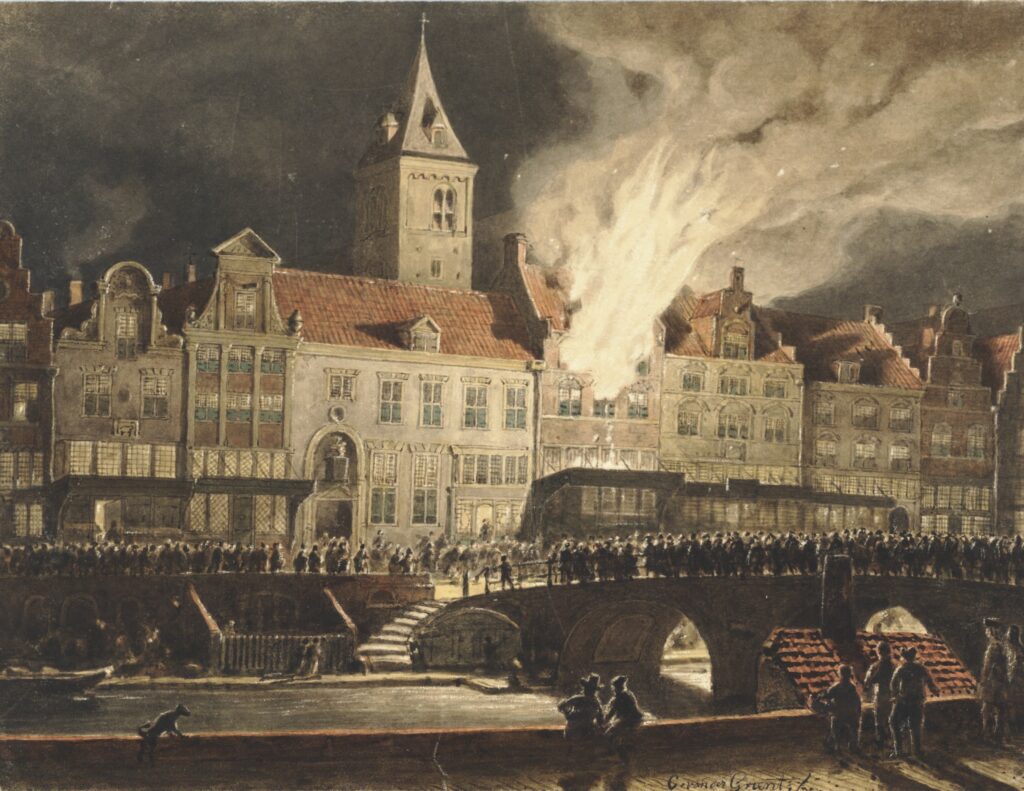 19e-eeuwse tekening van een stadsbrand in Utrecht