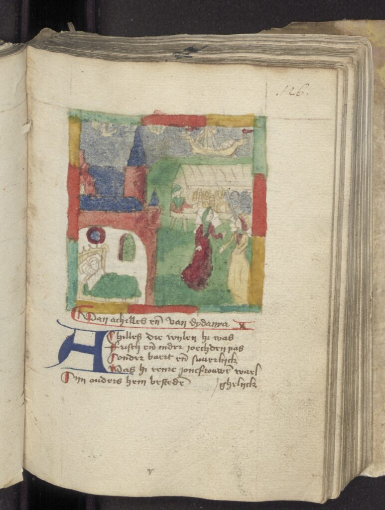 Afbeelding uit handschrift Der Minnen Loep van het klassieke verhaal van Achilles en Deidamia