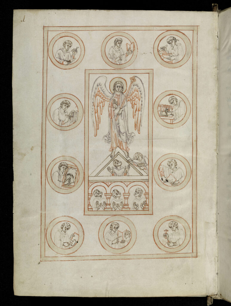Paginagrote afbeelding met stadia van boekproductie, in twaalfde-eeuws handschrift