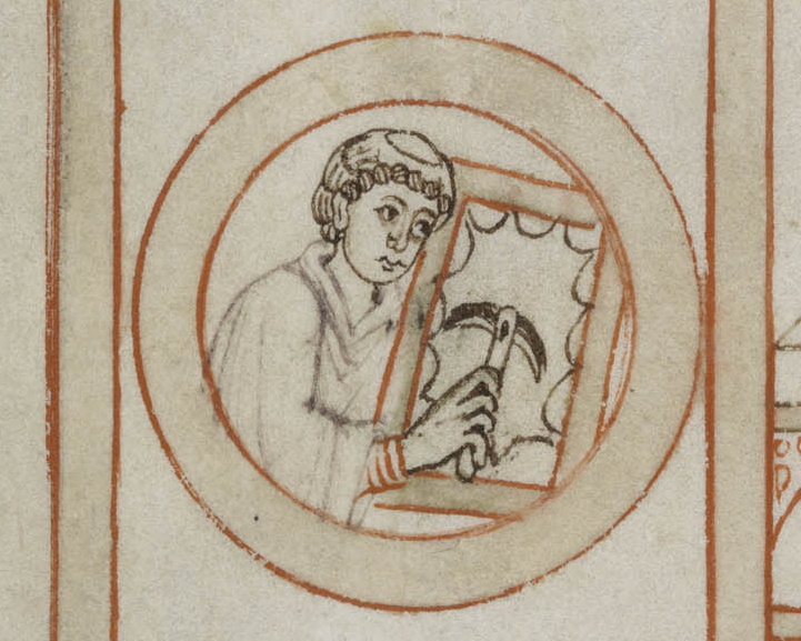 Perkamentmaker, detail van afbeelding uit twaalfde-eeuws handschrift 
