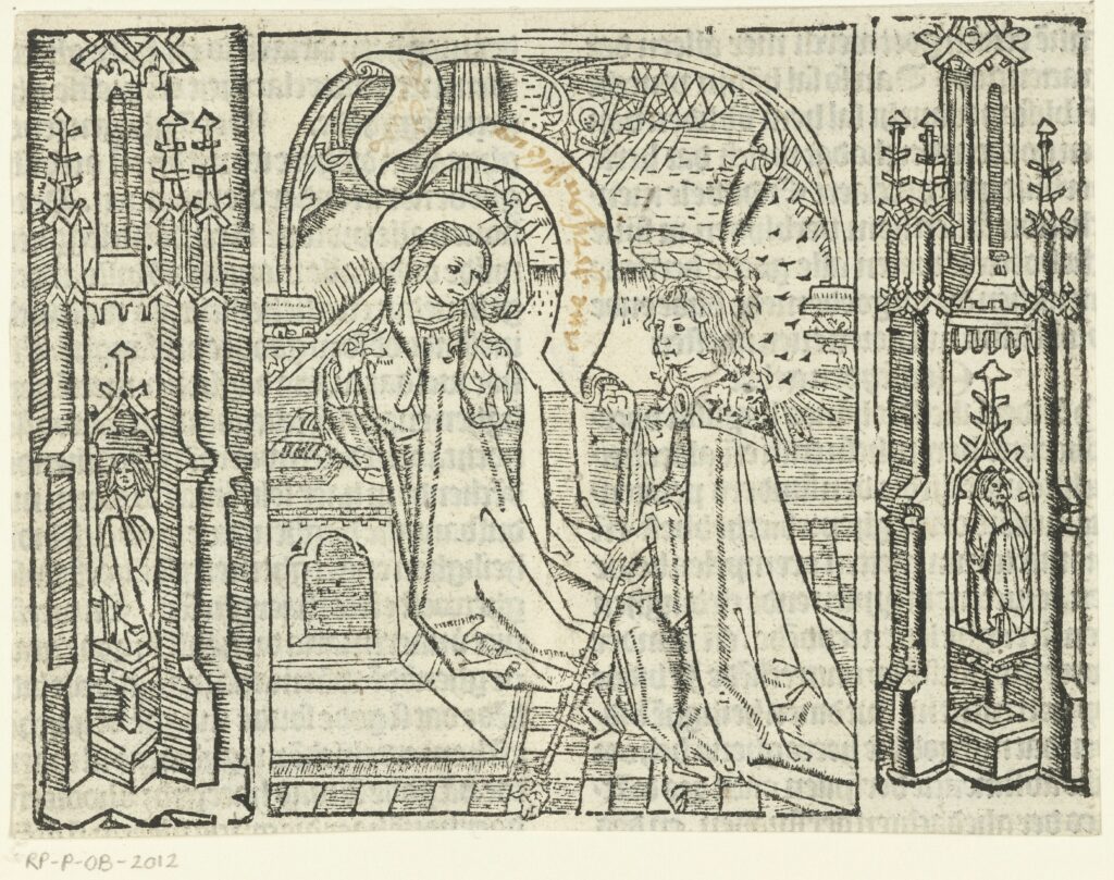 De annunciatie uit een houtsnede van Dit es dleue ons liefs heeren ihesu christi van Ludolf van Saksen uit 1503.