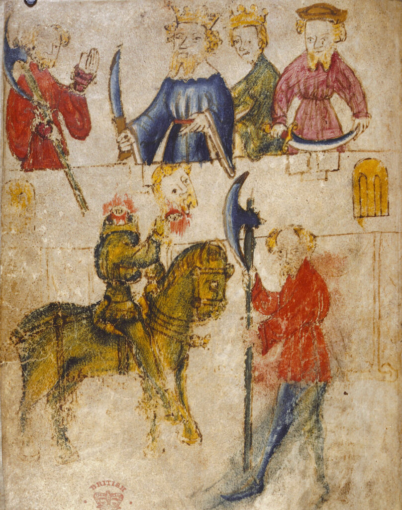 Afbeelding van Sir Gawain and the Green Knight, met links de onthoofde Groene ridder en rechts Gawain met de hakbijl.