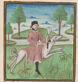 edelman met perkamenten blad, rijdend op jachthond, handschrift in kleur
