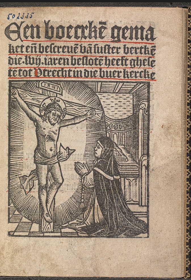 houtsnede van Christus aan het kruis, met biddende non aan zijn voeten.