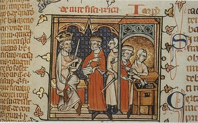 koning met geheven zwaard en adviseurs, handschrift in kleur