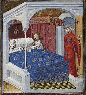 dame en ridder stappen in bed; dame kijkt toe